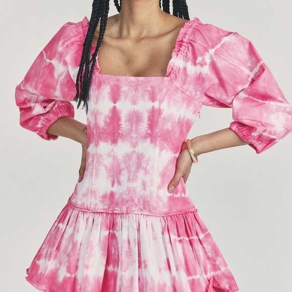 love shack fancy pink tie dye dress LoveShackFancy Natasha Ruffled Mini Dress Pink Tie Dye Cotton Size Large